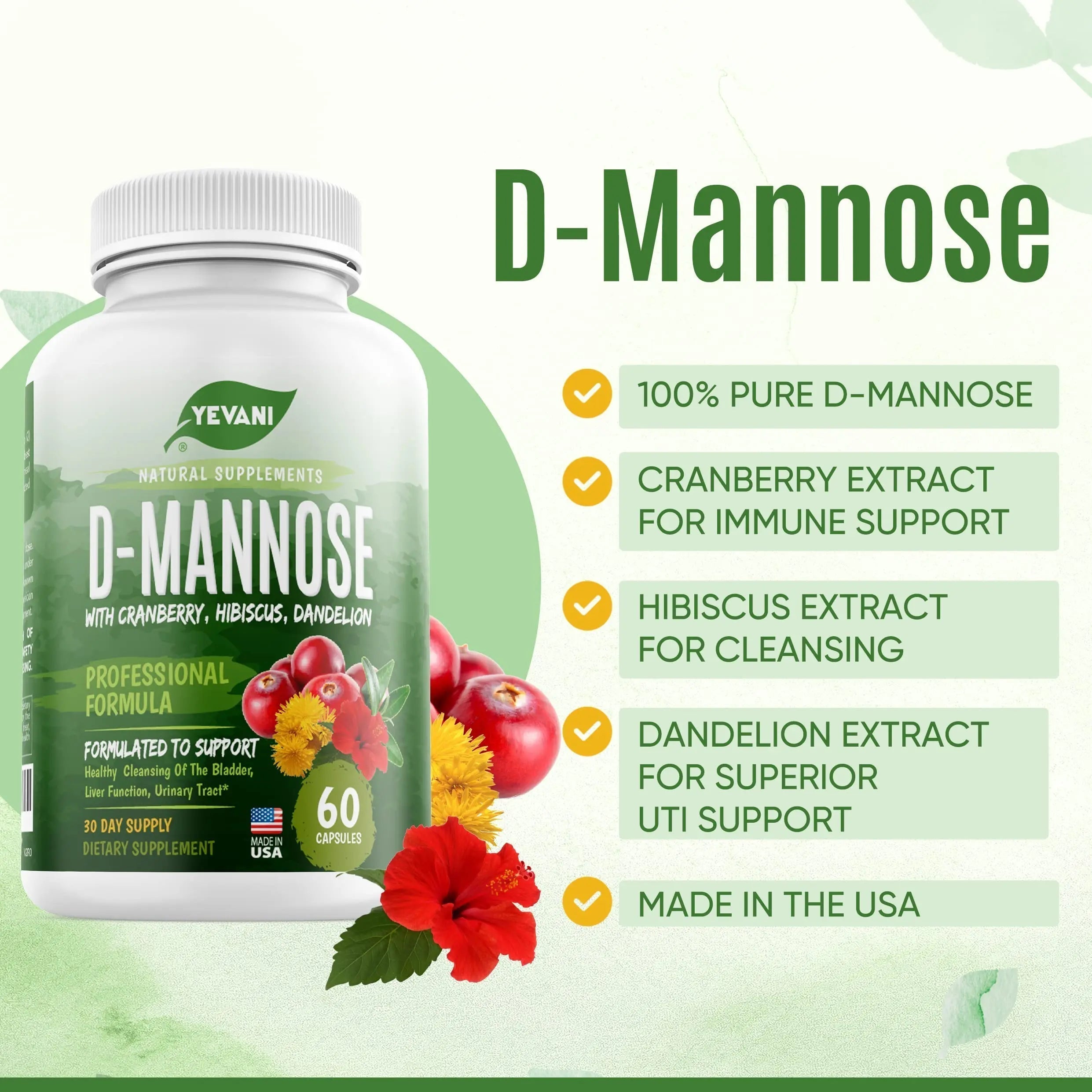YEVANI 100% Pure D-Mannose Capsules 1000 mg with Cranberry, Hibiscus, and Dandelion Extract, Fast Acting Professional UTI Prevention Formula for Urinary Tract Health and Bladder Support YEVANI Au supplements