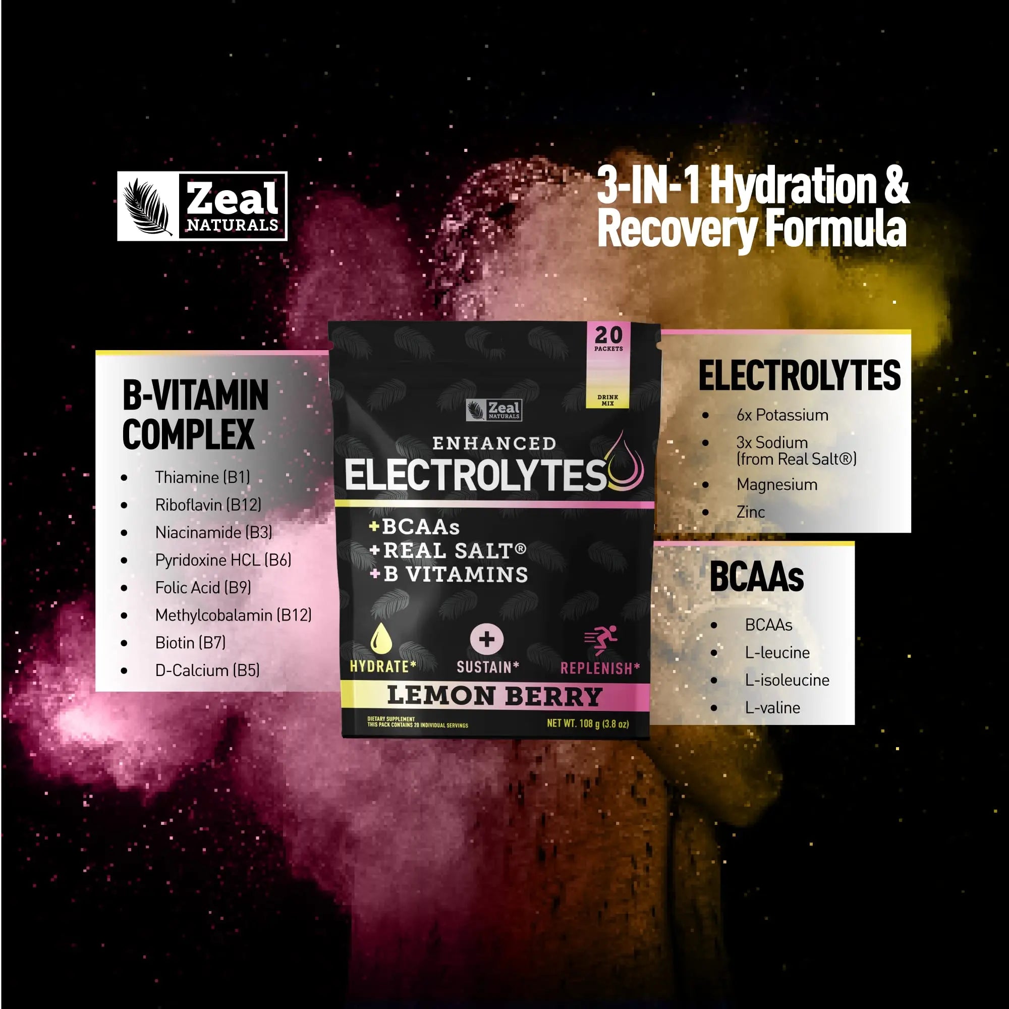 Enhanced Powder Stick Packs (Lemon Berry - 20 Packets) Sugar Free + BCAA B-Vitamins Zeal Naturals Au supplements