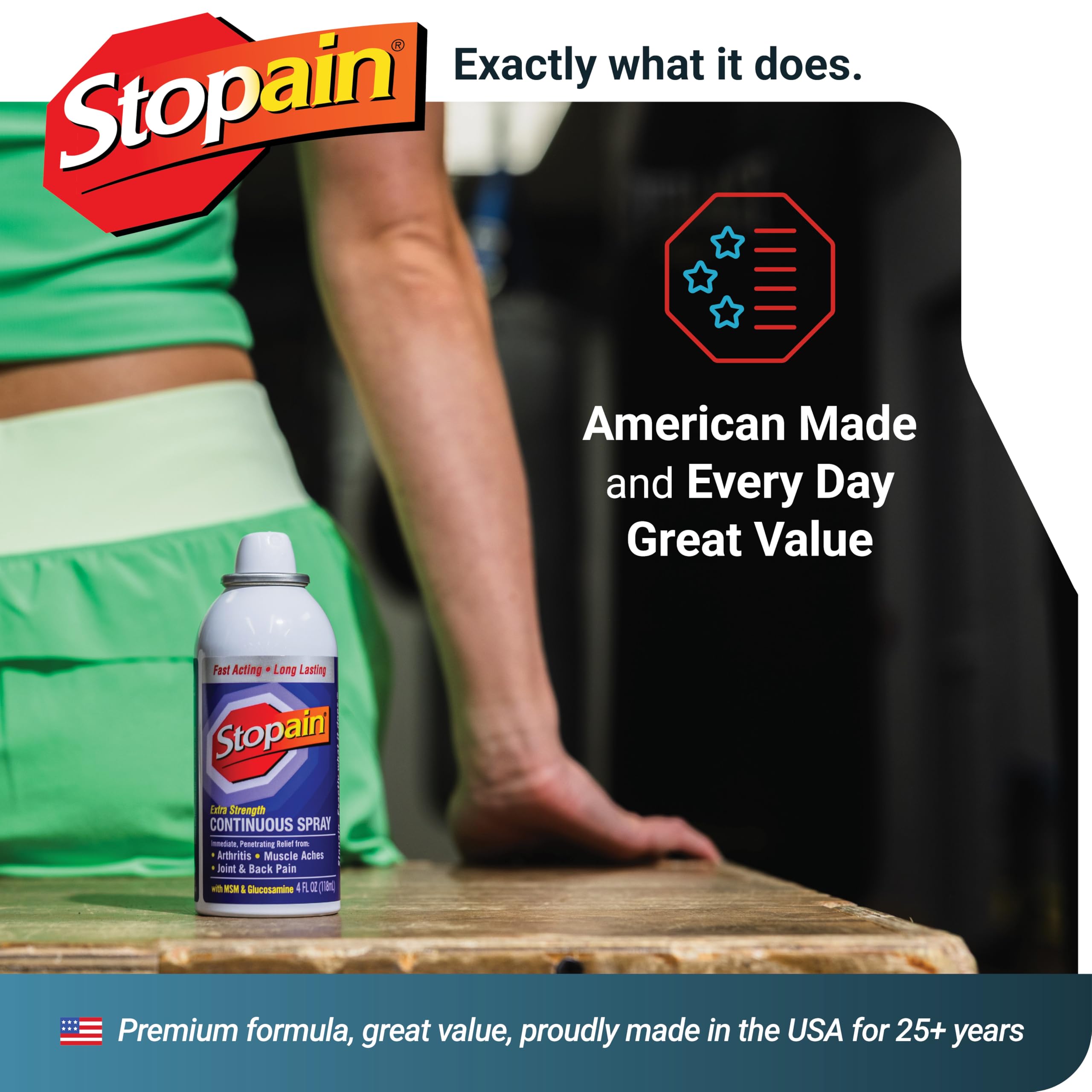 Stopain Pain Relief Spray 4oz, USA Made, Max Strength Fast Acting with Menthol, MSM, Glucosamine for Lower Back, Arthritis, Knee, Neck, Joints, HSA FSA Approved OTC Topical Analgesic Product Stopain Au supplements