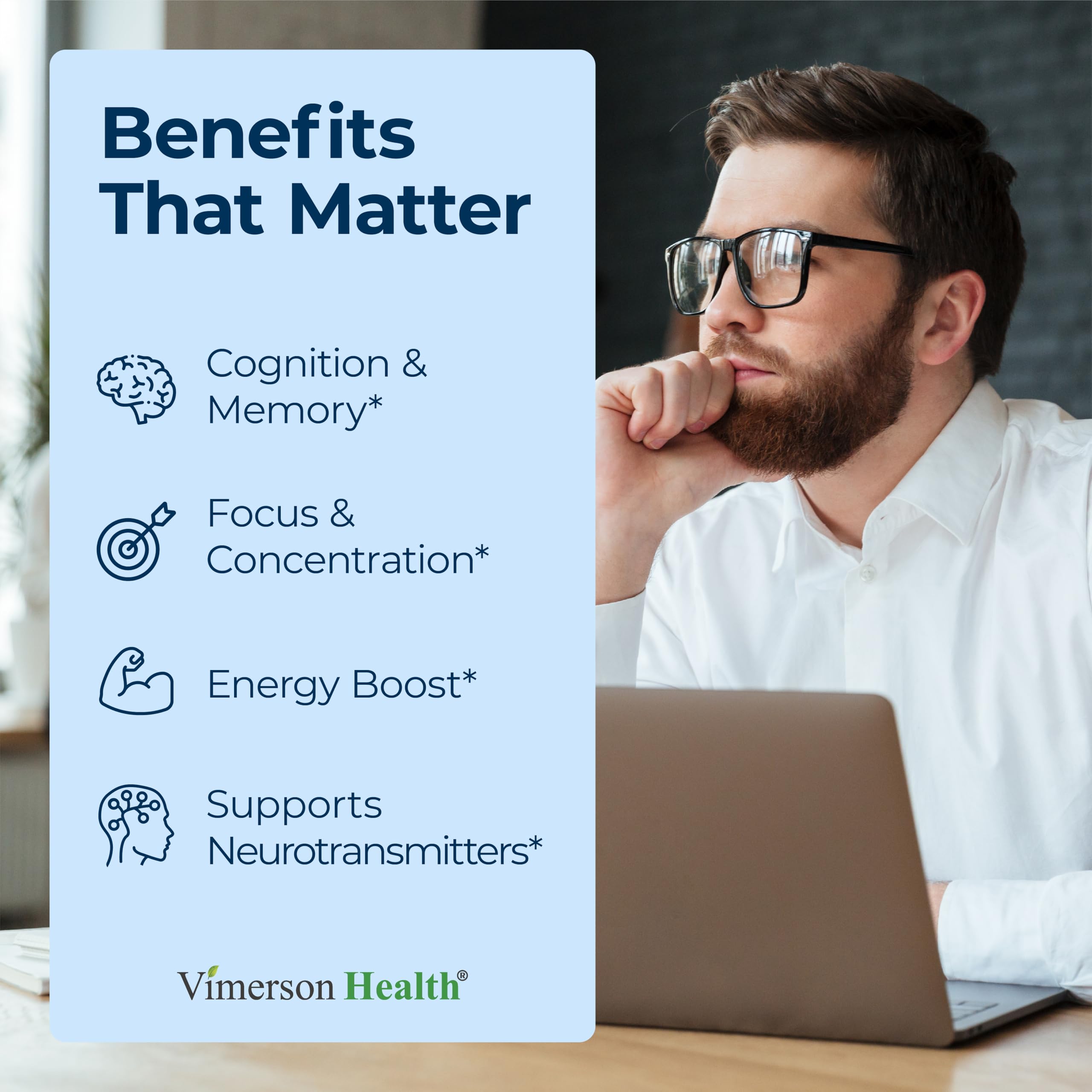Nootropics Brain Support Supplement - Nootropic Brain Booster for Improved Focus, Concentration & Memory. Brain Nootropic for Brain Health, Mood & Energy Support. Non-GMO. Made in the USA. 60 Capsules Vimerson Health Au supplements