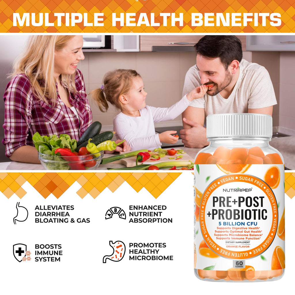 NutraPep Prebiotic Probiotic & Postbiotic Gummies for Women Men & Kids Children - High Potency 5 Billion CFU - Sugar-Free & Gluten 60 Count (Pack of 2)