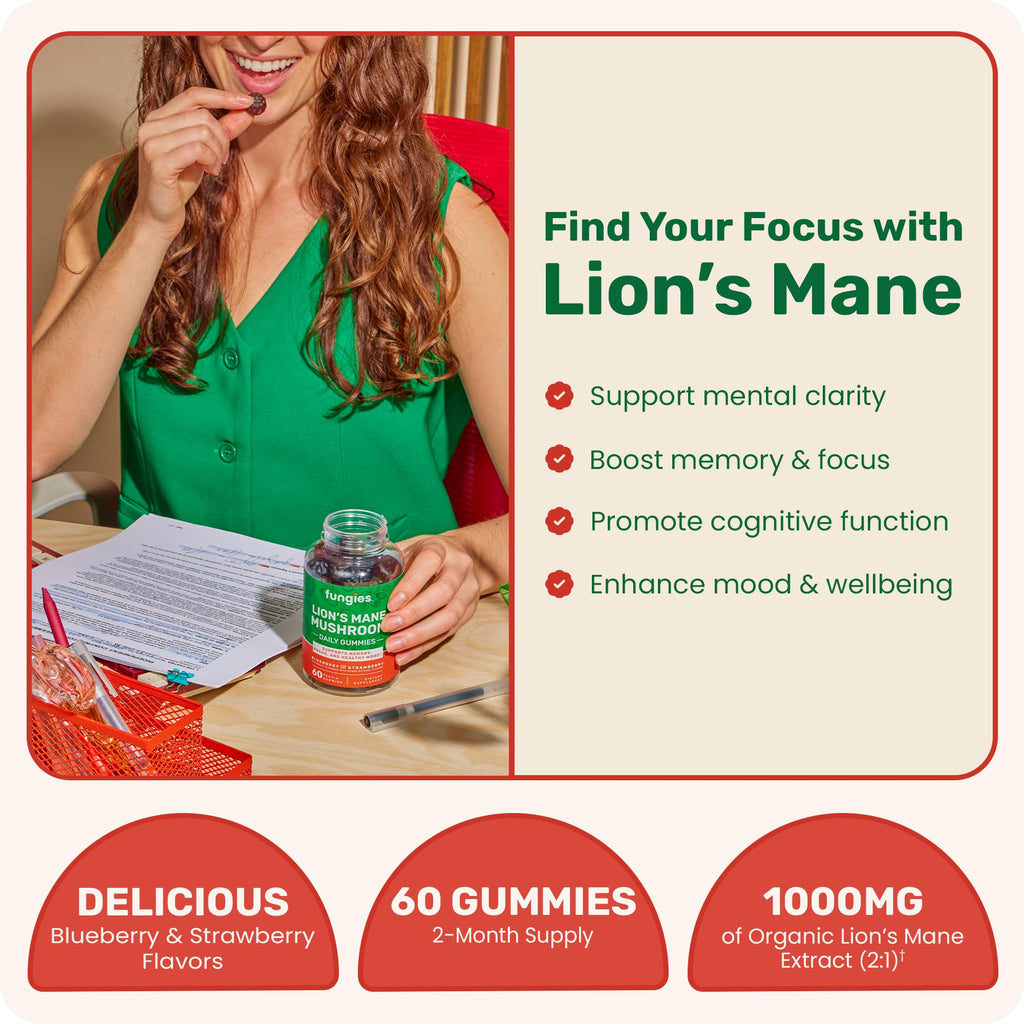 Fungies Lion's Mane Mushroom Gummies, Mixed Blueberry & Strawberry Flavor - Mushroom Supplement Gummy for Adults & Children Supports Brain Health, Cognitive Function