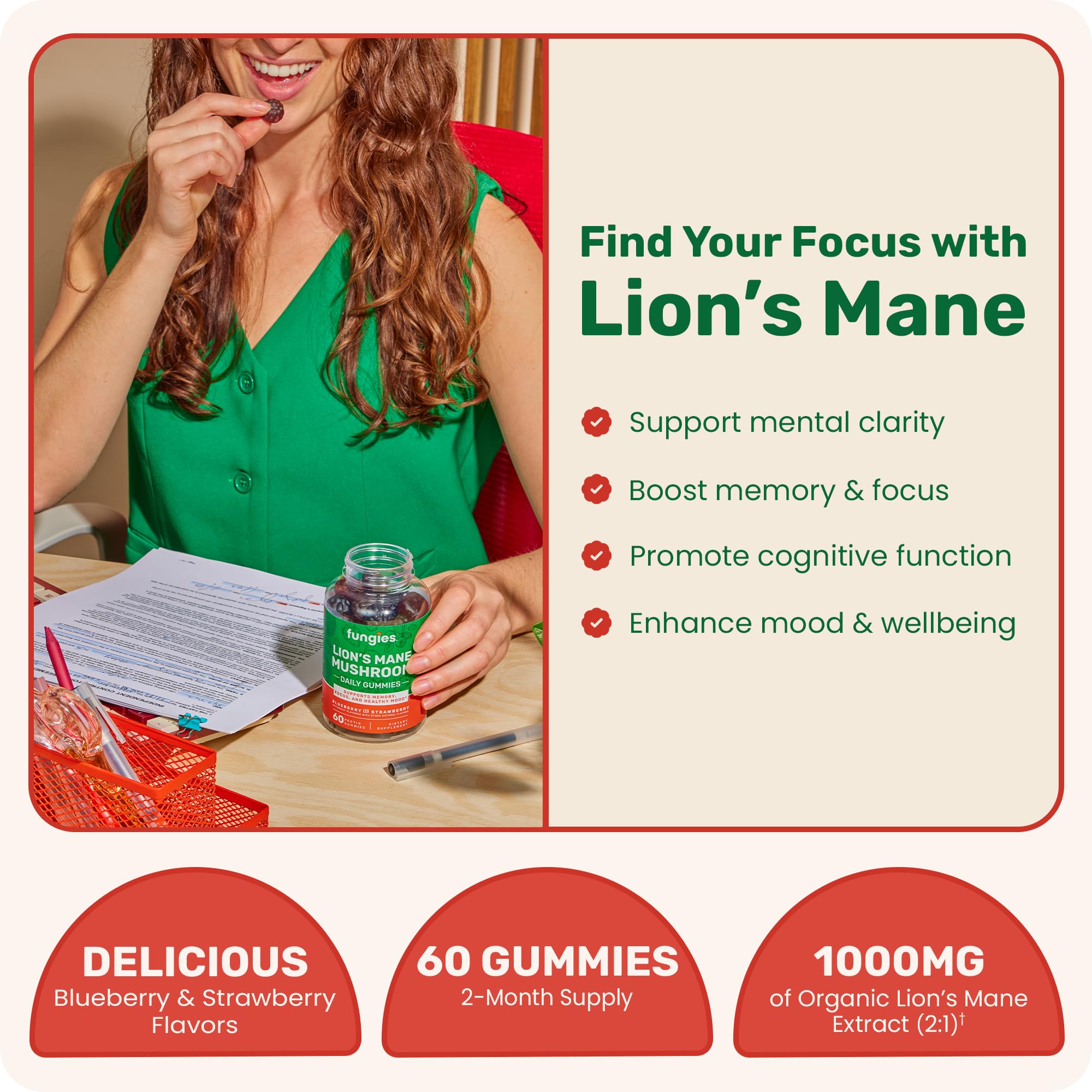 Fungies Lion's Mane Mushroom Gummies, Mixed Blueberry & Strawberry Flavor - Mushroom Supplement Gummy for Adults & Children Supports Brain Health, Cognitive Function
