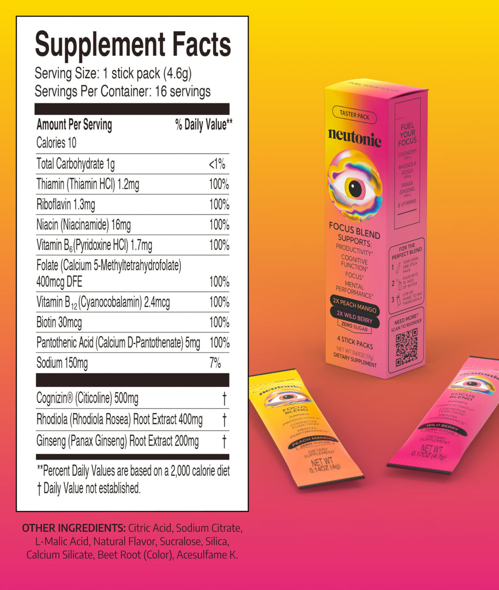 Neutonic Nootropic Focus Blend Powder | Peach Mango & Wild Berry 4 Sticks | Caffeine Free, Zero Sugar | Support Memory, Mental Clarity, Cognitive Function | Boost Focus, Energy, Brain Health Neutonic Au supplements