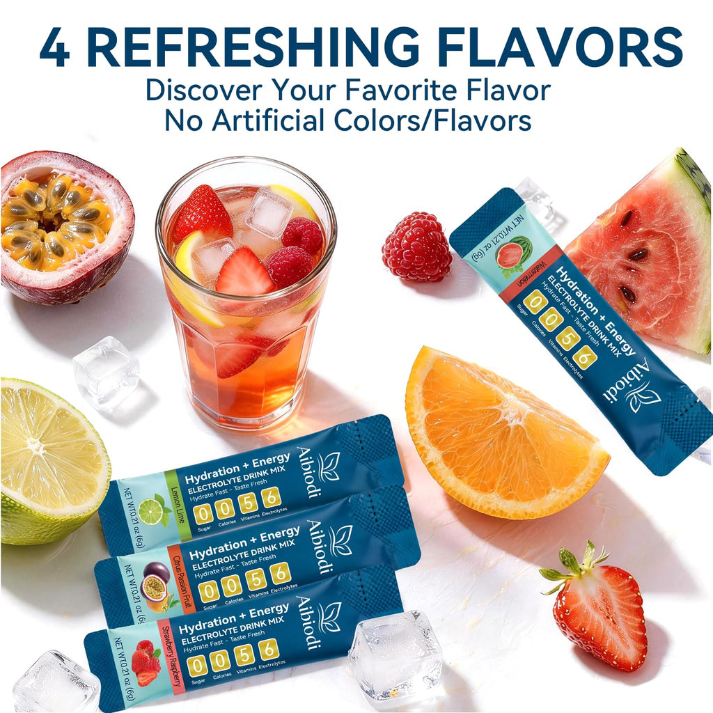 Aibiodi Electrolytes Powder Packets - Sugar Free & Zero Calorie Liquid Daily IV Drink Mix - Instant Hydration & Energy Supplement with 6 Electrolytes and 5 Vitamins