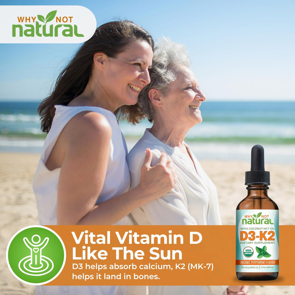 Why Not Natural Organic Vitamin D3 K2 (MK-7) Liquid Drops, 5000 IU of sublingual D3 with Coconut MCT Oil