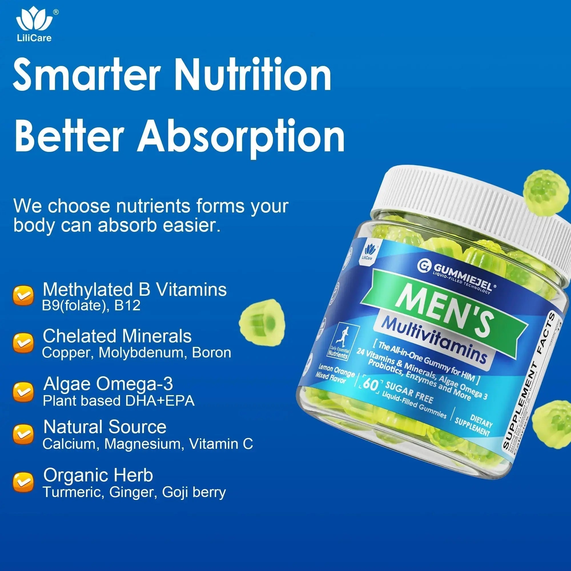 Mens Multivitamins Gummies, Methylated Multivitamin for Men, B Complex, Minerals, Vegan Omega 3, Probiotic, Enzyme LILICARE Au supplements