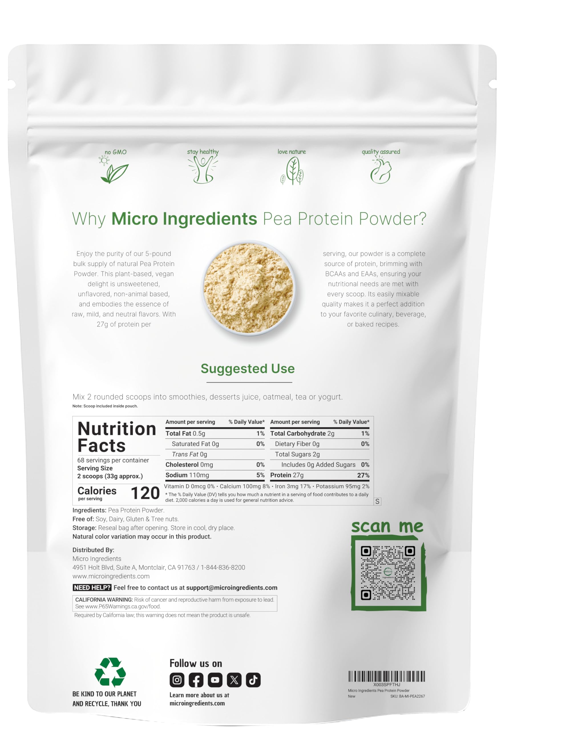 Micro Ingredients North American Grown, Pea Protein Powder, 5 Pounds | Plant Based, Unflavored | Complete Vegan Protein Source with BCAAs & EAAs – 27g Serving | Non-GMO, Keto Friendly