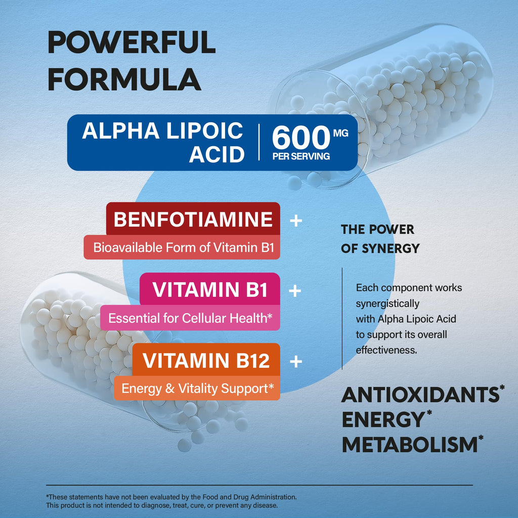 Alpha Lipoic Acid 600mg - ALA Supplement Antioxidant for Nerve, Energy & Metabolism Support - Extra Strength with Benfotiamine, B1 & B12 - Lab Tested, NON-GMO & Vegan
