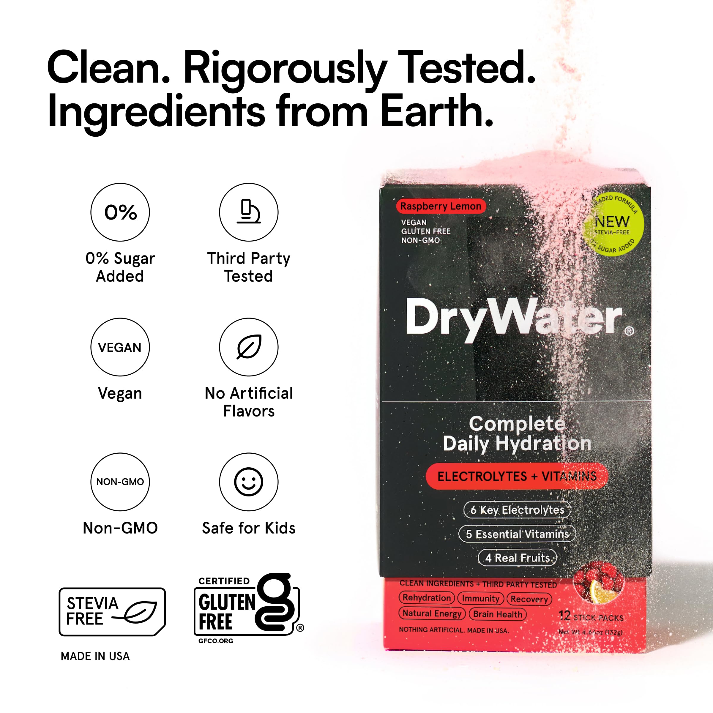 DryWater Electrolyte Powder Packets, Raspberry Lemon - Stevia-Free Hydration Packets Drink Mix with Zero Added Sugar for Rehydration & Energy - 6 Key Electrolytes
