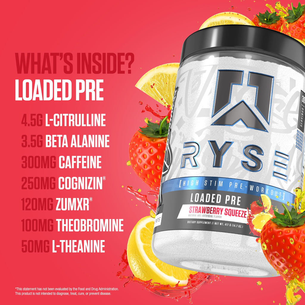 RYSE Loaded Pre Workout Powder - Strawberry Squeeze - Daily Pre-Workout for Men & Women with 390mg Caffeine, Beta Alanine, and Citrulline for Pump