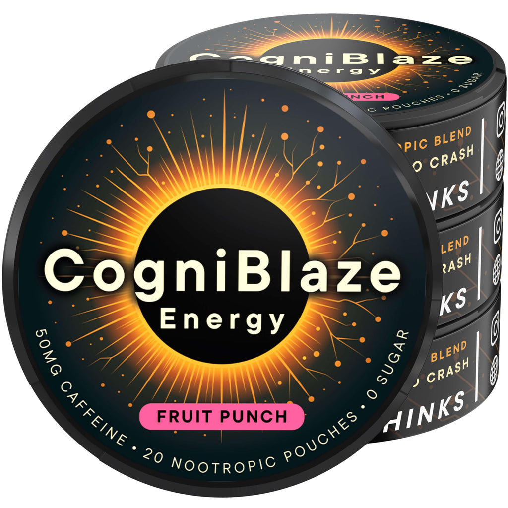 CogniBlaze Caffeine Pouches (Fruit Punch) | Nootropic Energy Pouches with 50mg Caffeine, Alpha GPC, L-Tyrosine & L-Theanine | Zero Sugar | No Artificial Sweeteners | 4 Pack (80 Total) CogniBlaze Au supplements