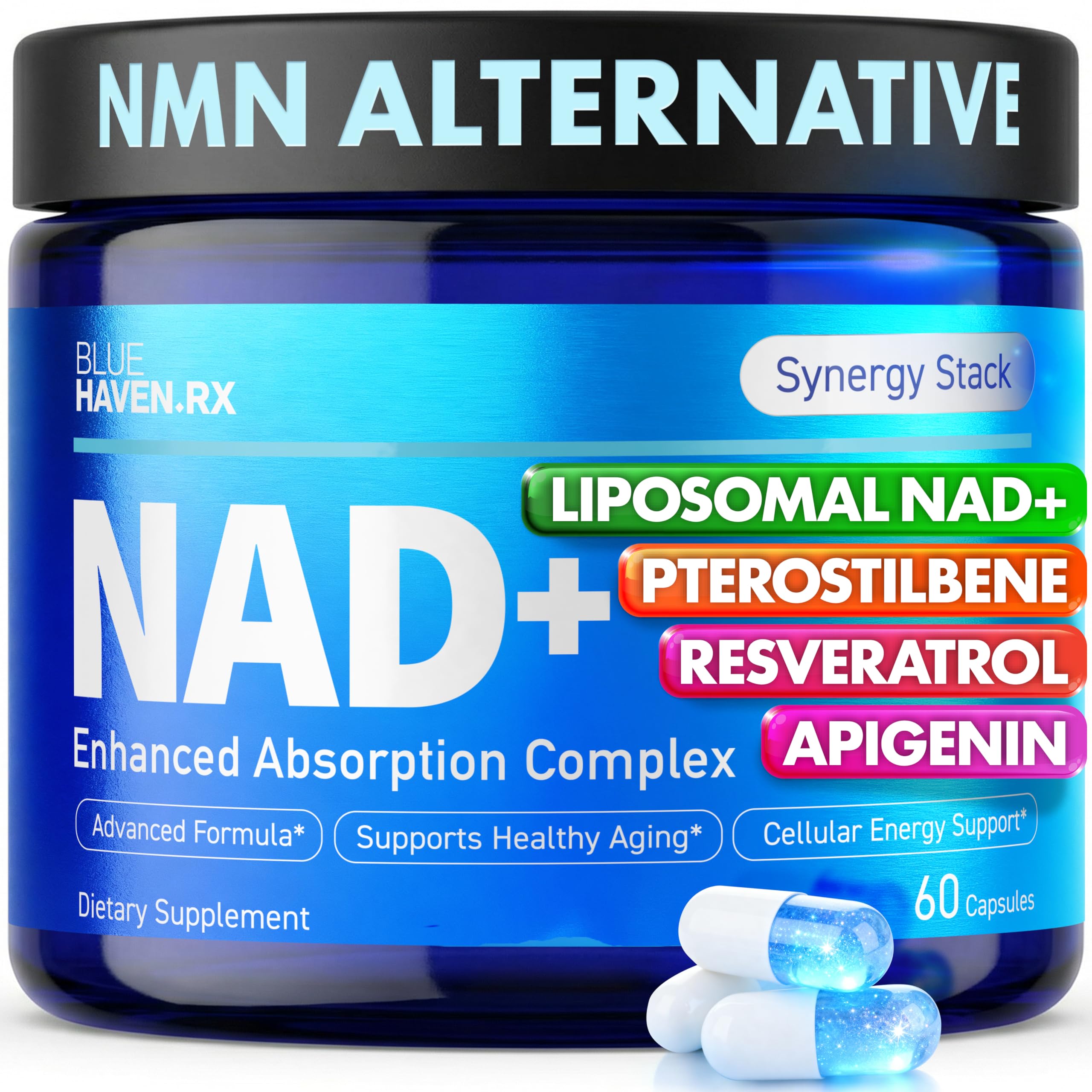 Blue Haven Rx NAD+ Supplement - NMN Alternative with Liposomal NAD+, Trans Resveratrol, Manganese, Apigenin Plus Pterostilbene for Women and Men, Anti Aging Support Blue Haven Rx Au supplements