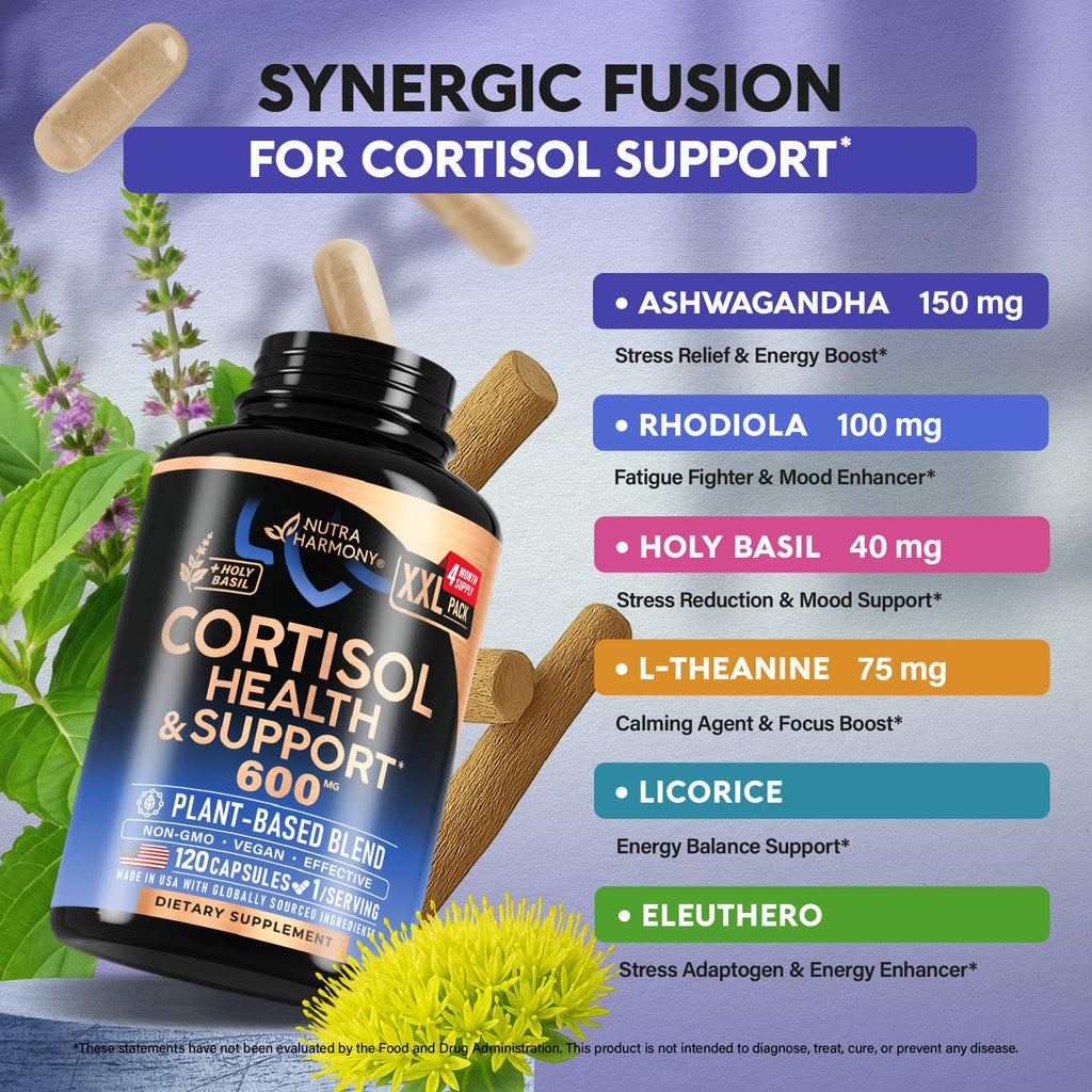 Cortisol Supplement for Women - Holy Basil | Ashwagandha | Rhodiola | L-Theanine - Plant-Based Hormone Balance - Mood, Focus & Sleep Support - Made in USA