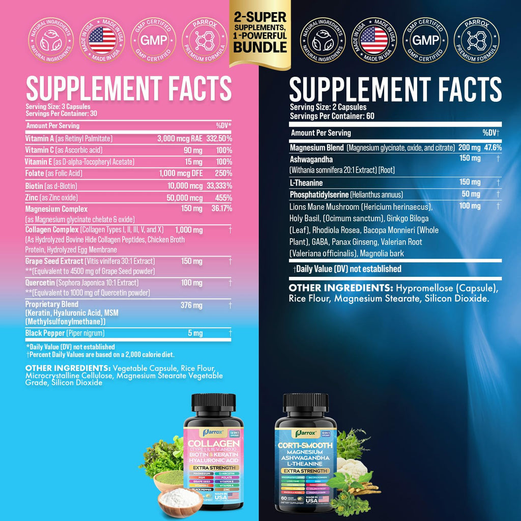 Parrox Shining Serenity Set, Cortisol Support with Ashwagandha, L-Theanine, Magnesium, Lions Mane, GABA, Bacopa Monnieri, Collagen I, II, III, V, X, Folate, Biotin, Keratin, Hyaluronic Acid, Quercetin Parrox Au supplements