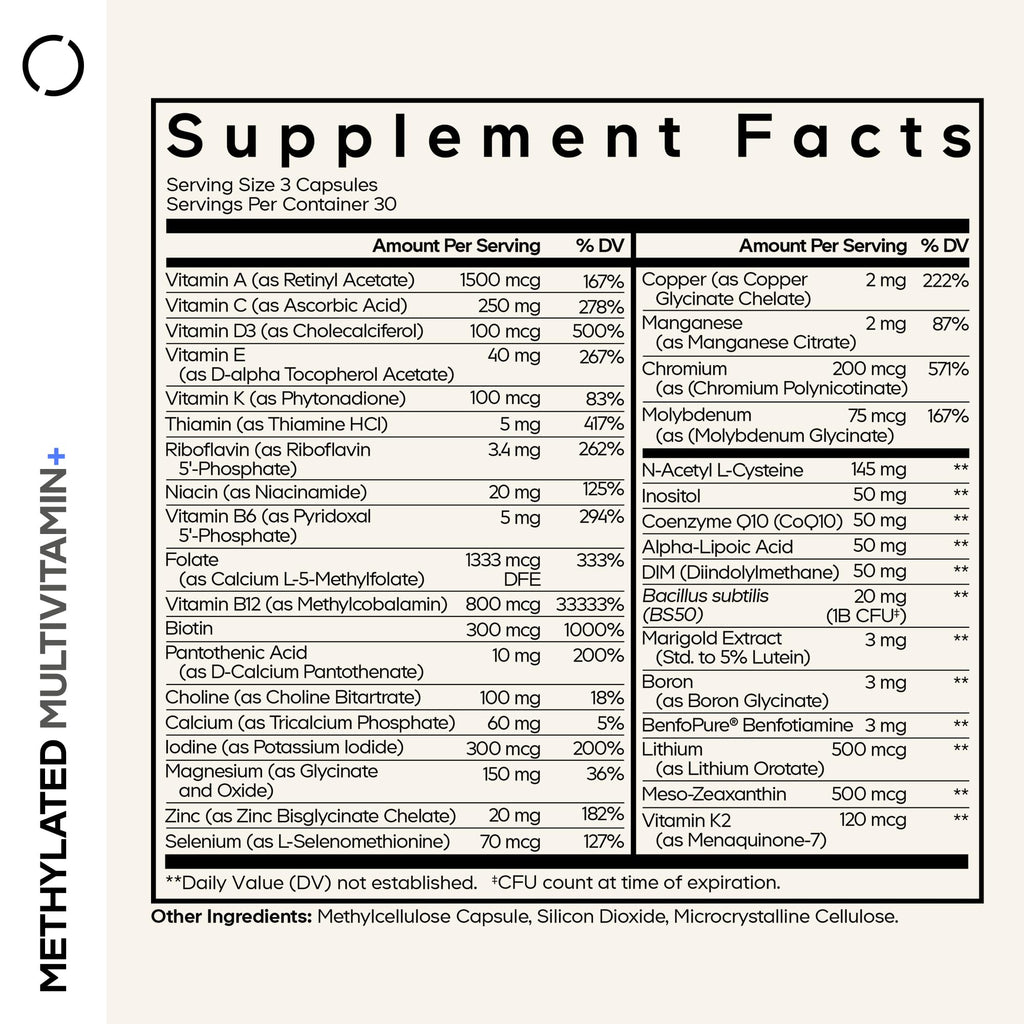 Codeage Methylated Multivitamin Supplement - B-Vitamin, Vitamins A, C, D, E, K2, B12 Methylcobalamin - L-Methylfolate - Magnesium, CoQ10, DIM, Probiotics, Benfotiamine, Lithium, Calcium - 90 Capsules Codeage Au supplements