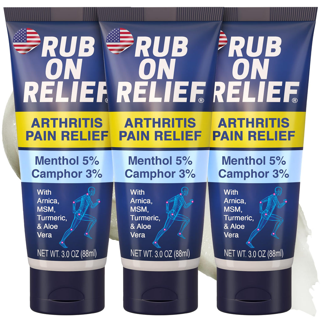 RUB ON RELIEF Arthritis Pain Relief Cream – 10-in-1 Non-Greasy Joints Pain Cream for Knees, Back, Neck, Hands, & Muscle Aches with Menthol, Camphor, Arnica, MSM & Turmeric Up to 8 Hours, 3oz (3 Pack) RUB ON RELIEF Au supplements