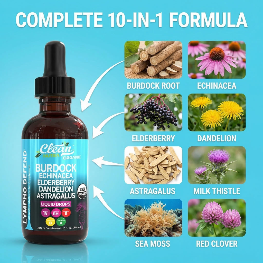 Organic Lymphatic Drainage Supplement | Lymphatic Support Drops | Burdock Root Echinacea Elderberry Dandelion Astragalus Milk Thistle Sea Moss Red Clover