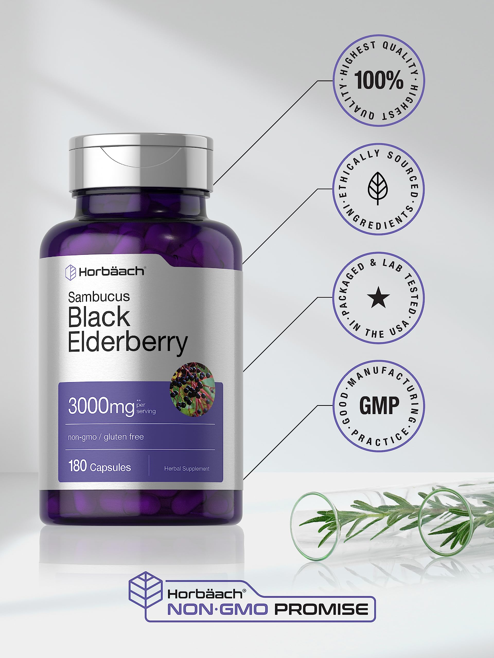Horbäach Black Elderberry | 180 Count | Non-GMO, Gluten Free | Sambucus Extract Supplement
