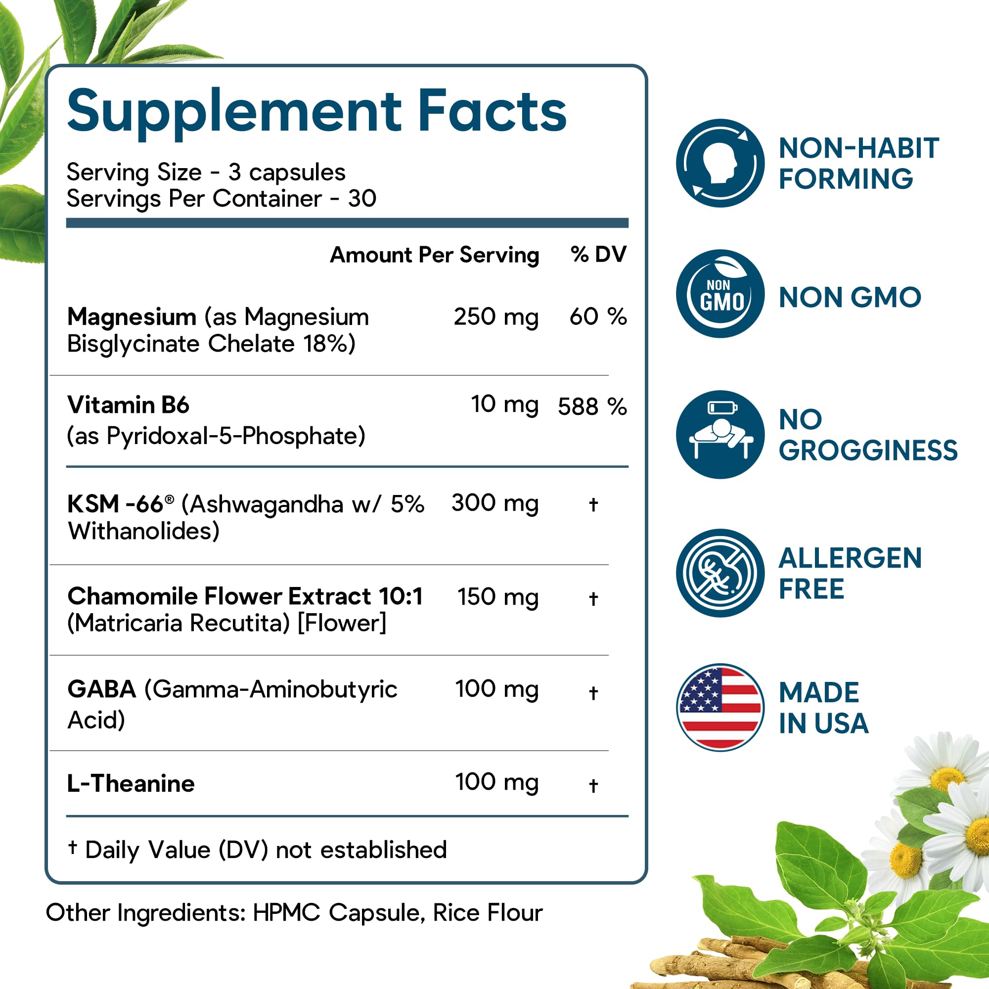 Natural Chelated Magnesium Glycinate Sleep Aid - Melatonin-Free Sleep & Stress Relief with KSM-66 Ashwagandha, GABA, L-Theanine & Chamomile for Muscle Relaxation - Made in USA - 90 Capsules Facime Au supplements