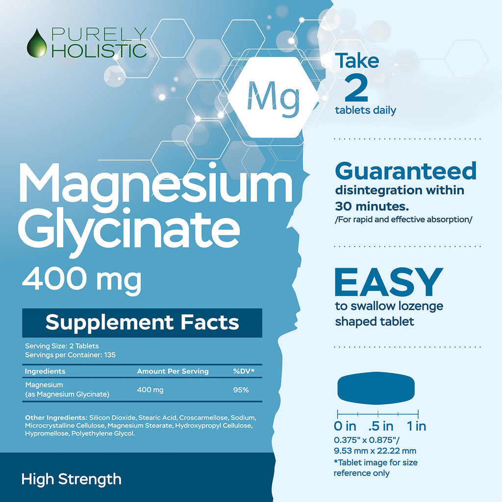 Magnesium Glycinate 400mg - 270 Magnesium Tablets (not Capsules) - 400 mg Elemental Magnesium - Highly Bioavailable - Vegan and Vegetarian - for Improved Sleep, Stress Relief & Cramp Defense Purely Holistic Au supplements