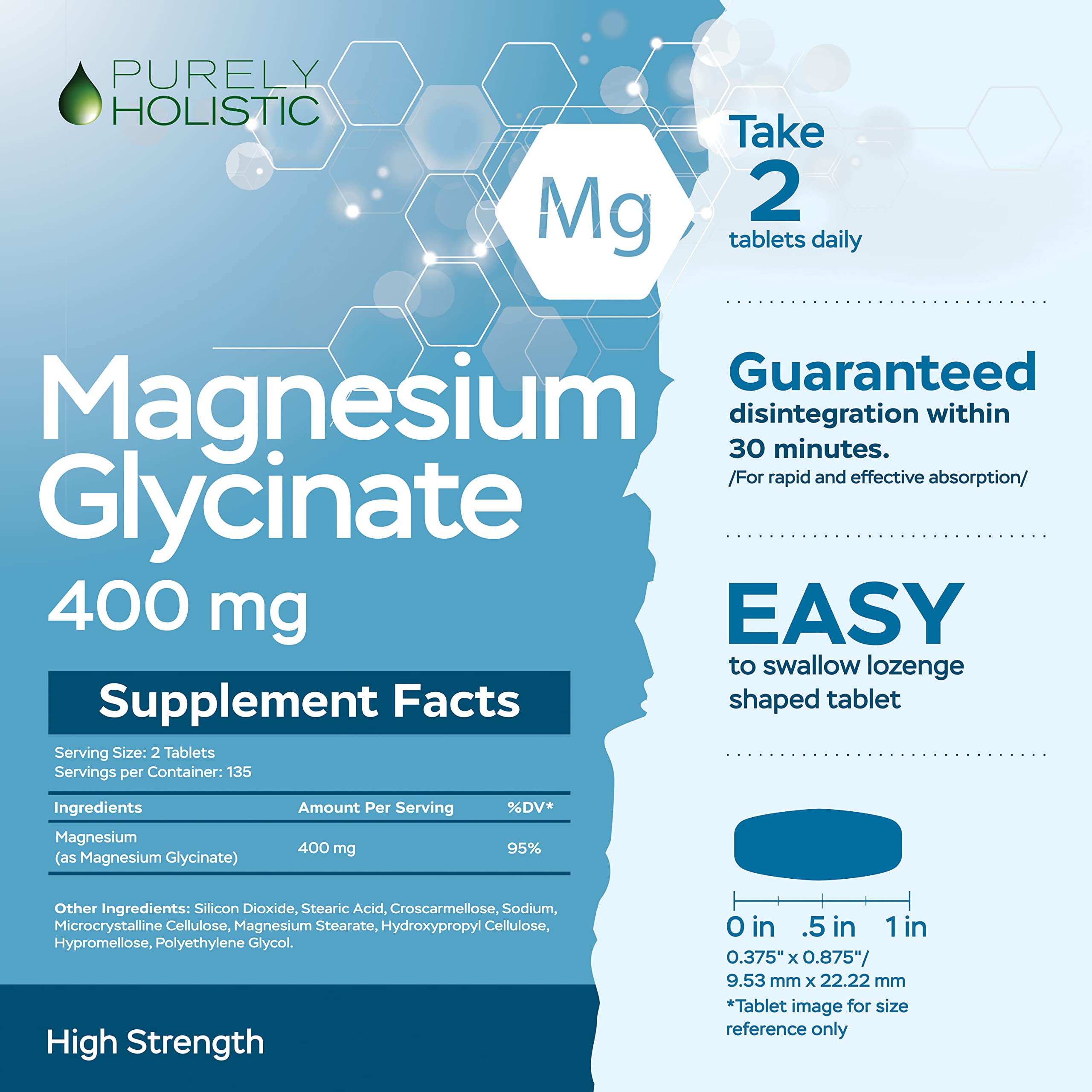Magnesium Glycinate 400mg - 270 Magnesium Tablets (not Capsules) - 400 mg Elemental Magnesium - Highly Bioavailable - Vegan and Vegetarian - for Improved Sleep, Stress Relief & Cramp Defense Purely Holistic Au supplements