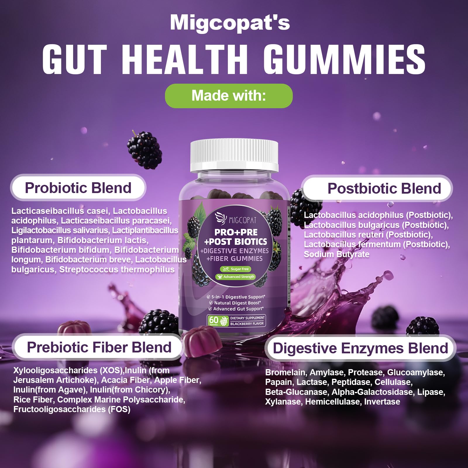 Migcopat Pre Post Probiotics Gummies, 5 in 1 Probiotic Prebiotic Postbiotic Digestive Enzymes with Fiber, 120 Billion CFU Probiotics Complete Gut Support, Sugar Free, Vegan, BlackBerry Flavor, 60 Cts Migcopat Au supplements