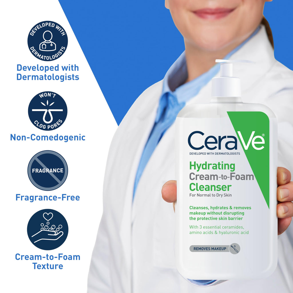 CeraVe Hydrating Cream To Foam Cleanser, Makeup Remover Face Wash For Dry Skin