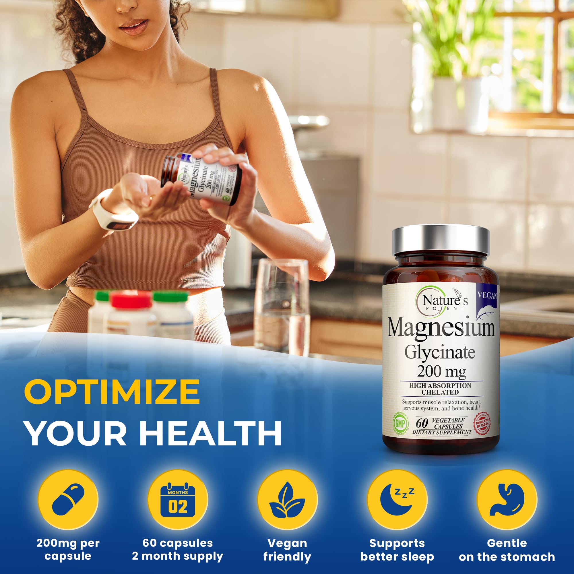 Nature’s Potent Magnesium Glycinate 200mg | High Absorption Chelated Magnesium | Sleep, Calm & Muscle Cramp Support | Vegan Supplement | 60 Capsules Nature's Potent Au supplements
