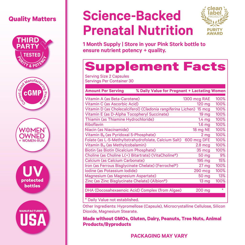 Pink Stork Total Prenatal Vitamins with DHA, Folate, Iron, Choline, and Vitamin B12 - Prenatals for Women to Support Fetal Development, Pregnancy Essentials