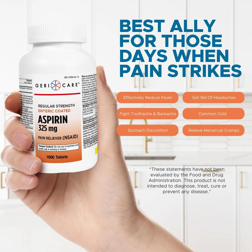 GeriCare Enteric Coated Aspirin Tablets 325mg (1000 Count) NSAID Pain Reliever & Fever Reducer for Adults- Regular Strength Aspirin for Headache Arthritis Menstrual & Muscle Pain GeriCare Au supplements