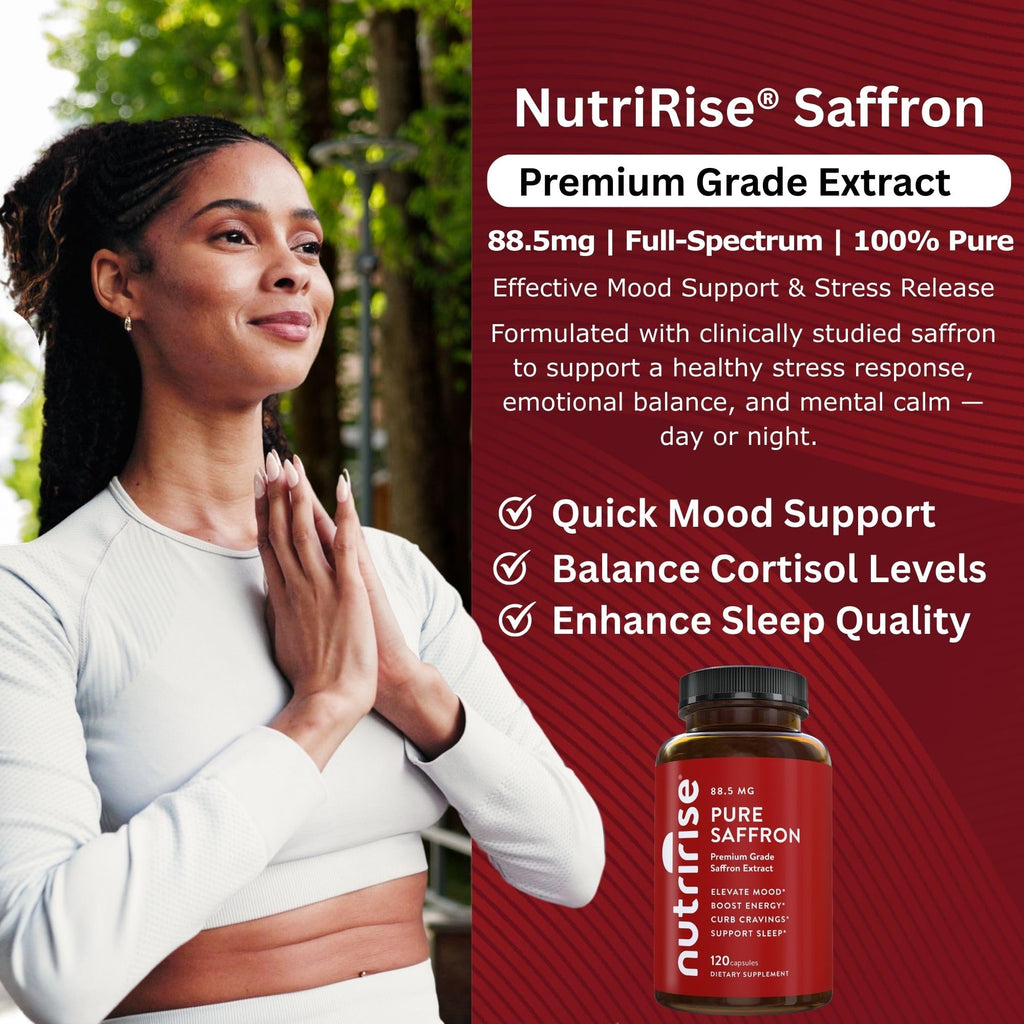 NutriRise Saffron Supplements 120 Capsules, 88.5mg Pure Extract - 4 Month Supply for Mood, Energy, Sleep, Stress & Cortisol Support - Non-GMO