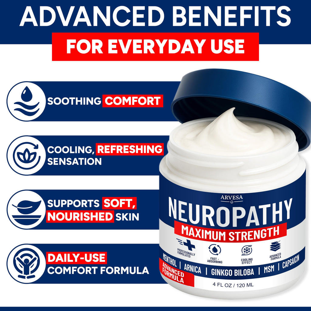 Neuropathy Cream - Maximum Strength - Arnica, MSM, Hemp Seed Oil, Ginkgo Biloba, Capsaicin - Non-Greasy with Cooling Effect - Value Pack - Natural Ingredients - Formulated in USA Arvesa Au supplements