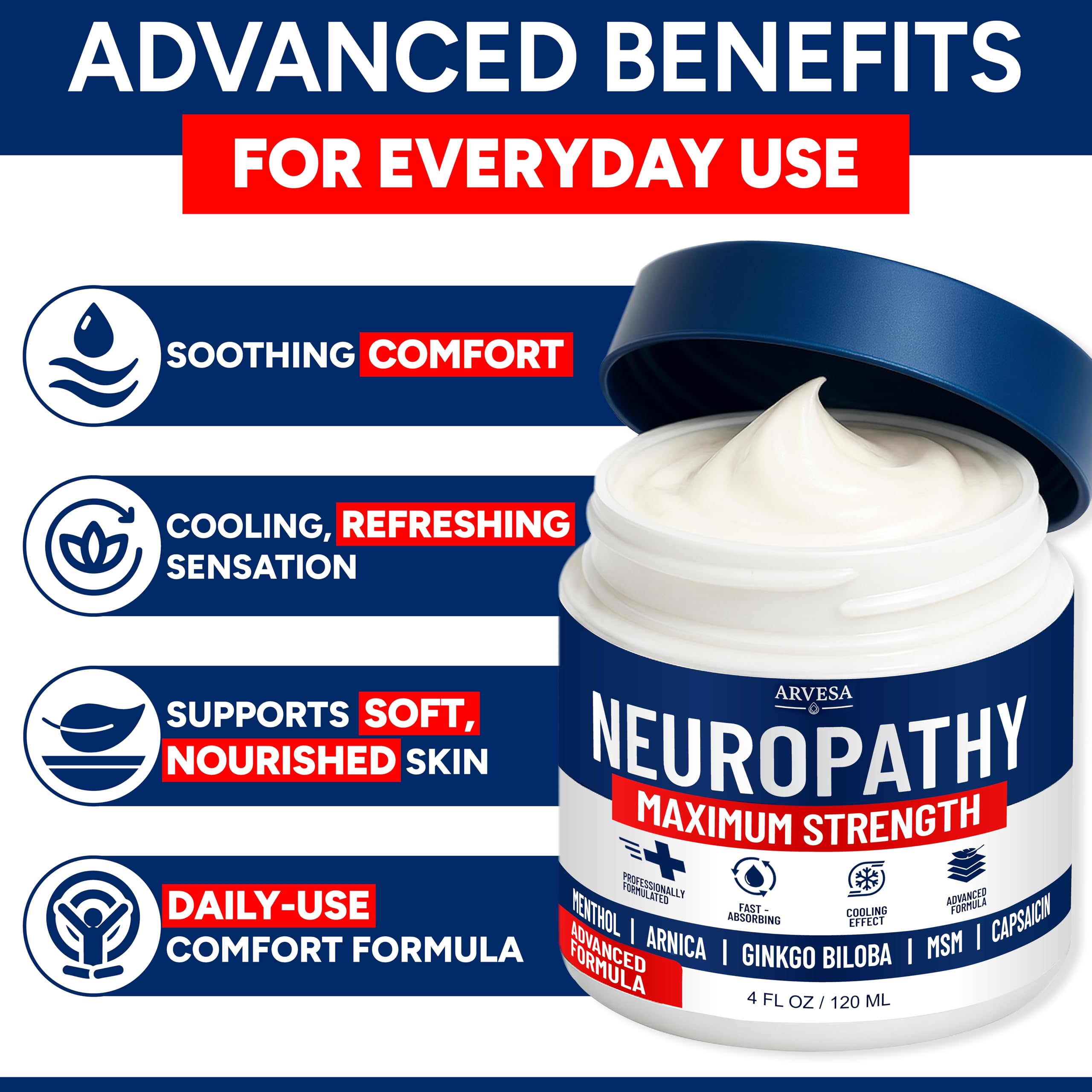 Neuropathy Cream - Maximum Strength - Arnica, MSM, Hemp Seed Oil, Ginkgo Biloba, Capsaicin - Non-Greasy with Cooling Effect - Value Pack - Natural Ingredients - Formulated in USA Arvesa Au supplements