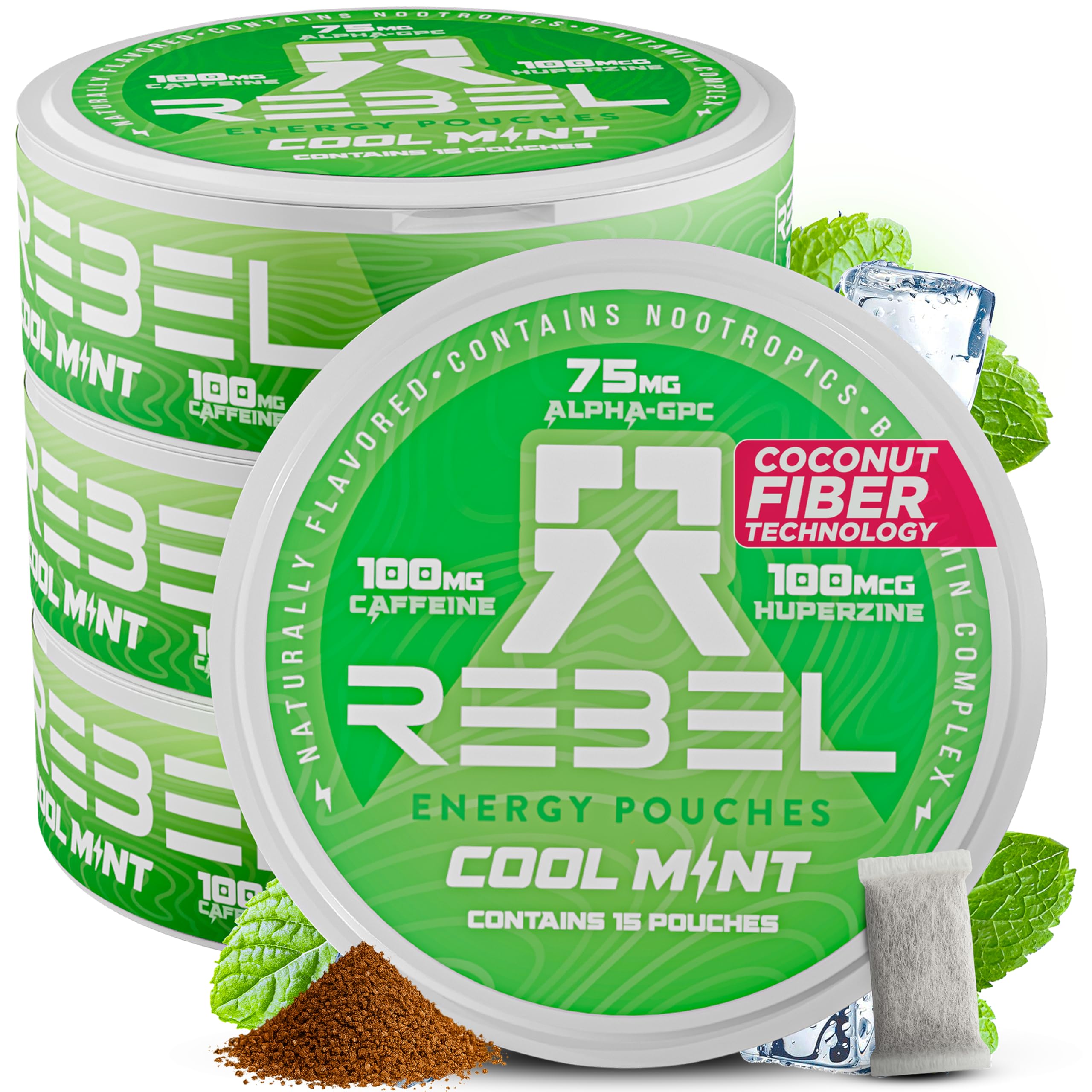 Rebel Nootropic Energy Caffeine Pouches (Cool Mint) • 100mg Caffeine • Alpha GPC • Huperzine A & Essential Vitamins • Sugar-Free • Coconut Fiber Technology • 15 Pouches Per Can (Pack of 4) Rebel Supplements Au supplements