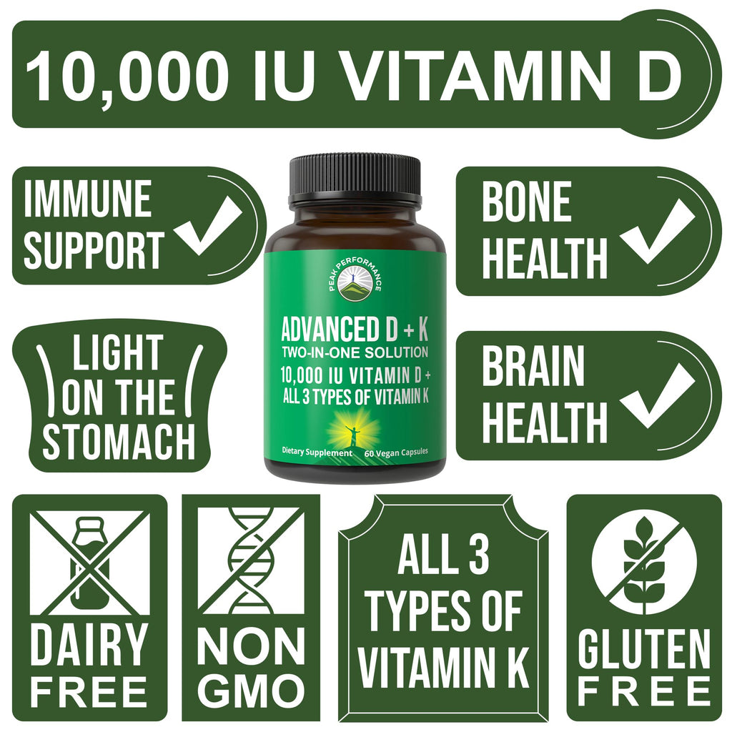 Peak Performance Advanced Vitamin D 10000 IU with All 3 Types of Vitamin K - 10,000 Vitamin D3 and Vitamin K2, K1, MK-7 (MK7), MK4 Capsules Supplement - 60 Small and Easy to Swallow Pills Peak Performance Au supplements