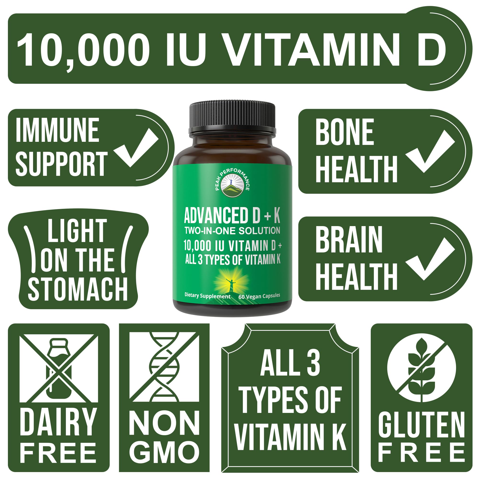 Peak Performance Advanced Vitamin D 10000 IU with All 3 Types of Vitamin K - 10,000 Vitamin D3 and Vitamin K2, K1, MK-7 (MK7), MK4 Capsules Supplement - 60 Small and Easy to Swallow Pills Peak Performance Au supplements
