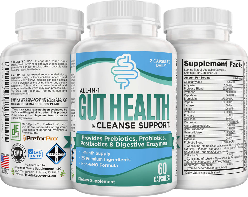 Gut Health Support Supplement (25-in-1) with Prebiotics, Probiotics, Postbiotics & Digestive Enzymes | Gut Supplements | 60 Capsules Elevate Recovery Supplements Au supplements