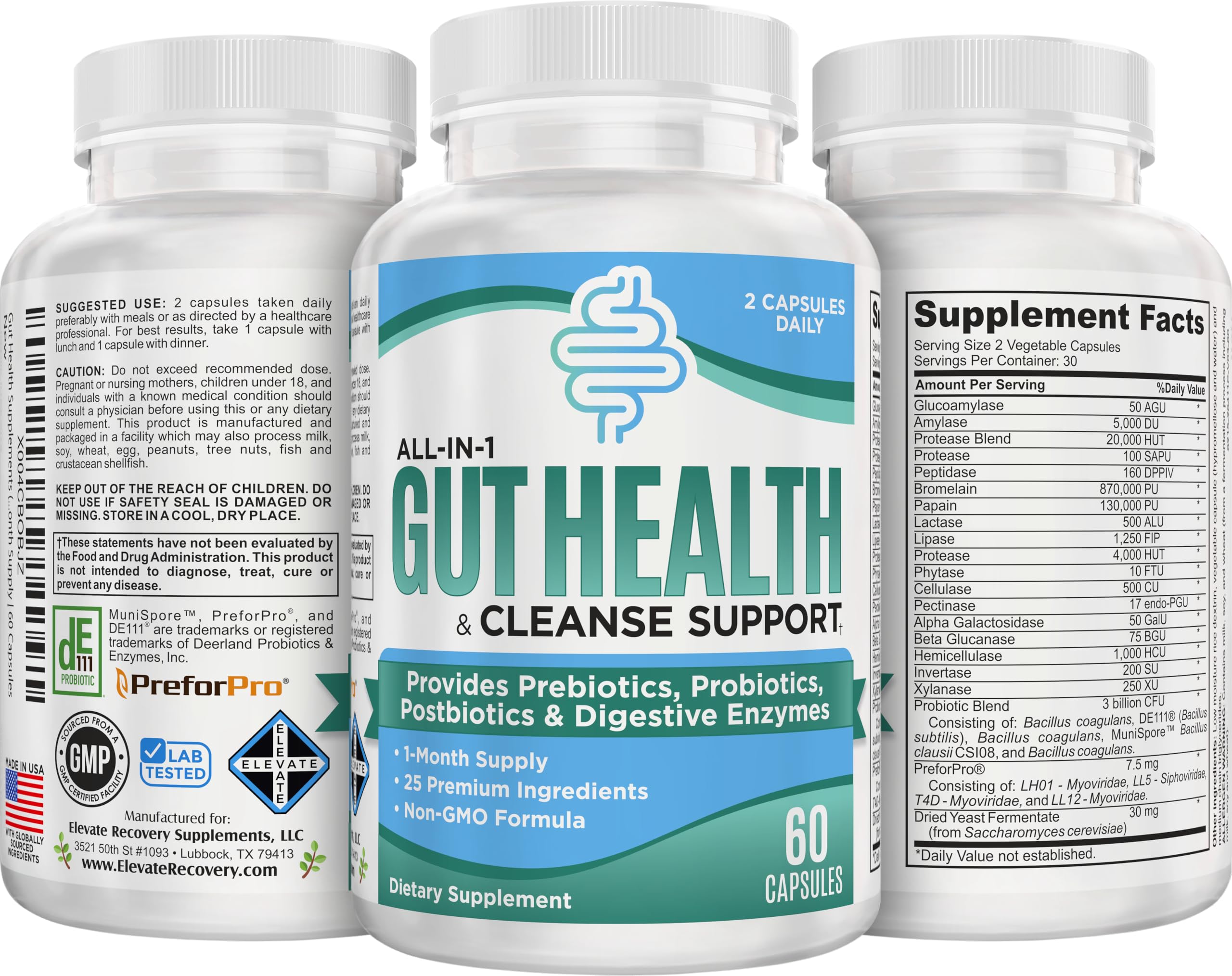 Gut Health Support Supplement (25-in-1) with Prebiotics, Probiotics, Postbiotics & Digestive Enzymes | Gut Supplements | 60 Capsules Elevate Recovery Supplements Au supplements