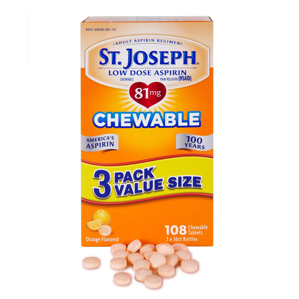 St. Joseph Aspirin Pain Reliever (NSAID) 81mg, Chewable Orange Tablets Adult Low Dose Regimen , 108 ct (3 x 36 ct Tablets per Bottle) St. Joseph Au supplements