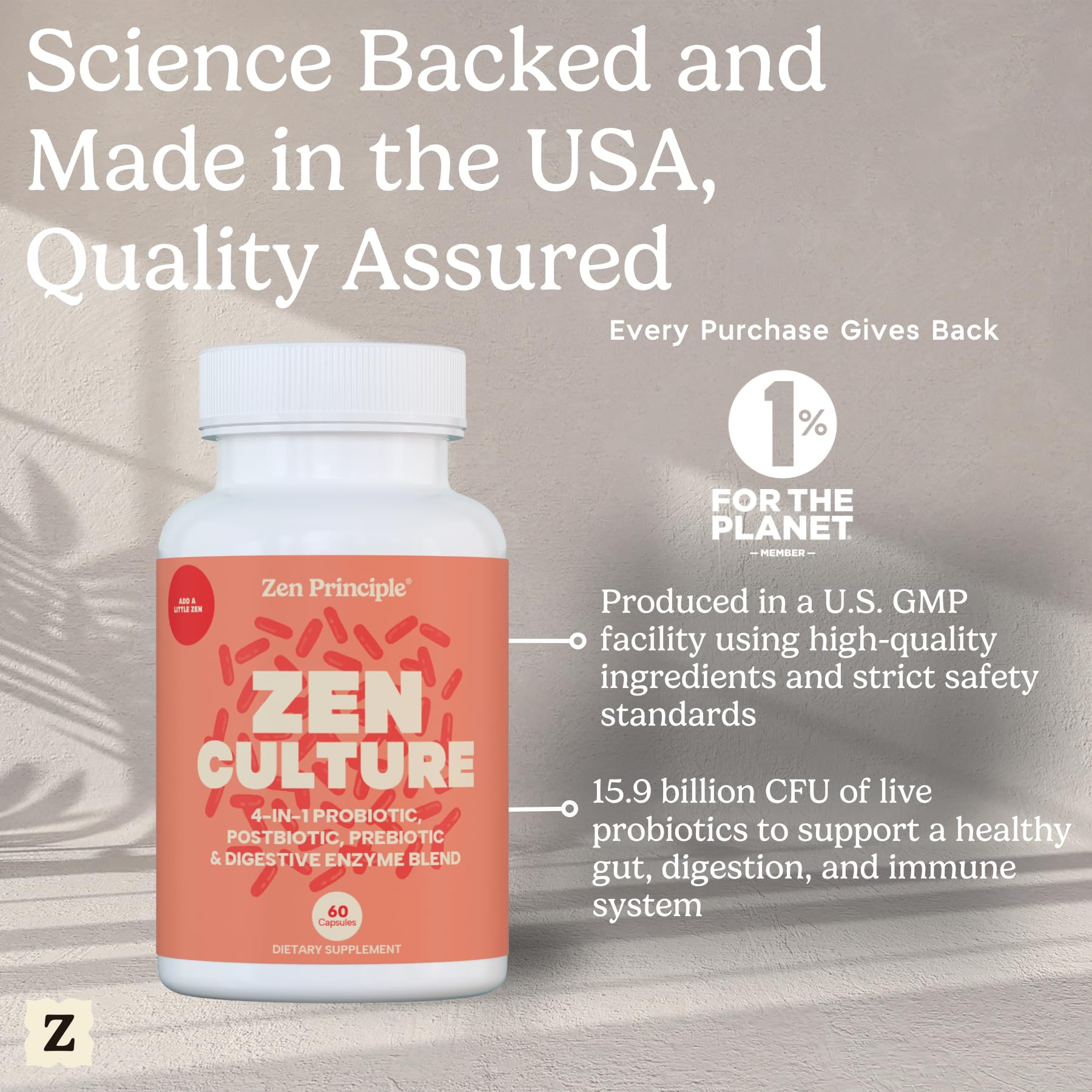 Zen Principle Zenculture™ – 4-in-1 Synbiotic Supplement (Probiotic + Prebiotic + Postbiotic + Digestive Enzymes) with CoreBiome®. Anti Bloating