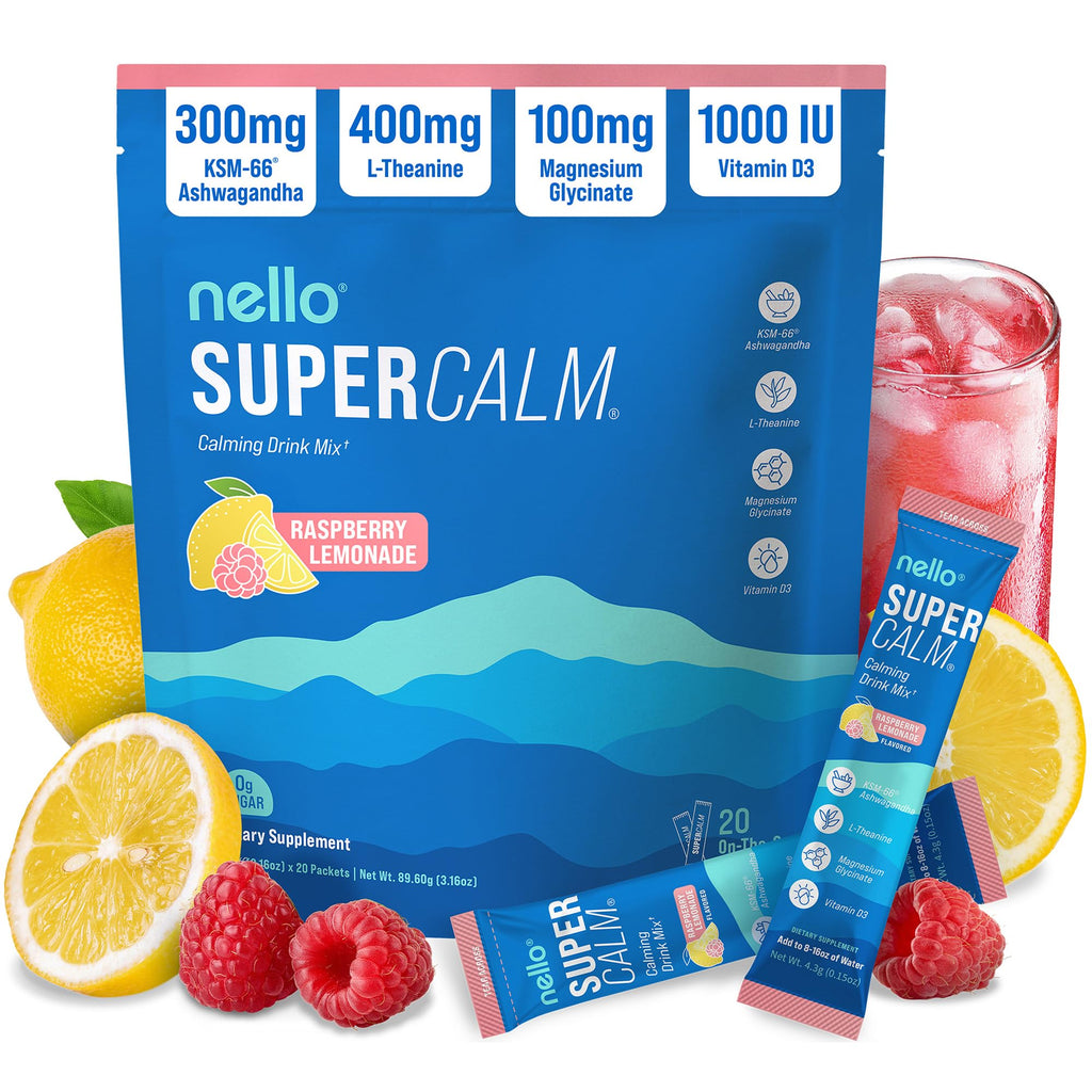 Nello Supercalm Powdered Drink Mix, Cortisol Reducer and Sleep Aid Supplement, L Theanine, Ksm-66 Ashwagandha, Magnesium Glycinate, Vitamin D 3, No Sugar, Non GMO
