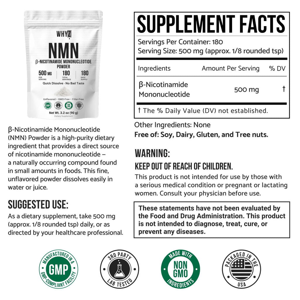 Pure NMN Powder Nicotinamide Mononucleotide Quick Dissolved NMN Supplement Powder 100% Unflavored NMN Supplement Supports NAD+ Levels Vegan Friendly Non-GMO, 180 Servings, 3.2 oz (90g) WHYZ Au supplements