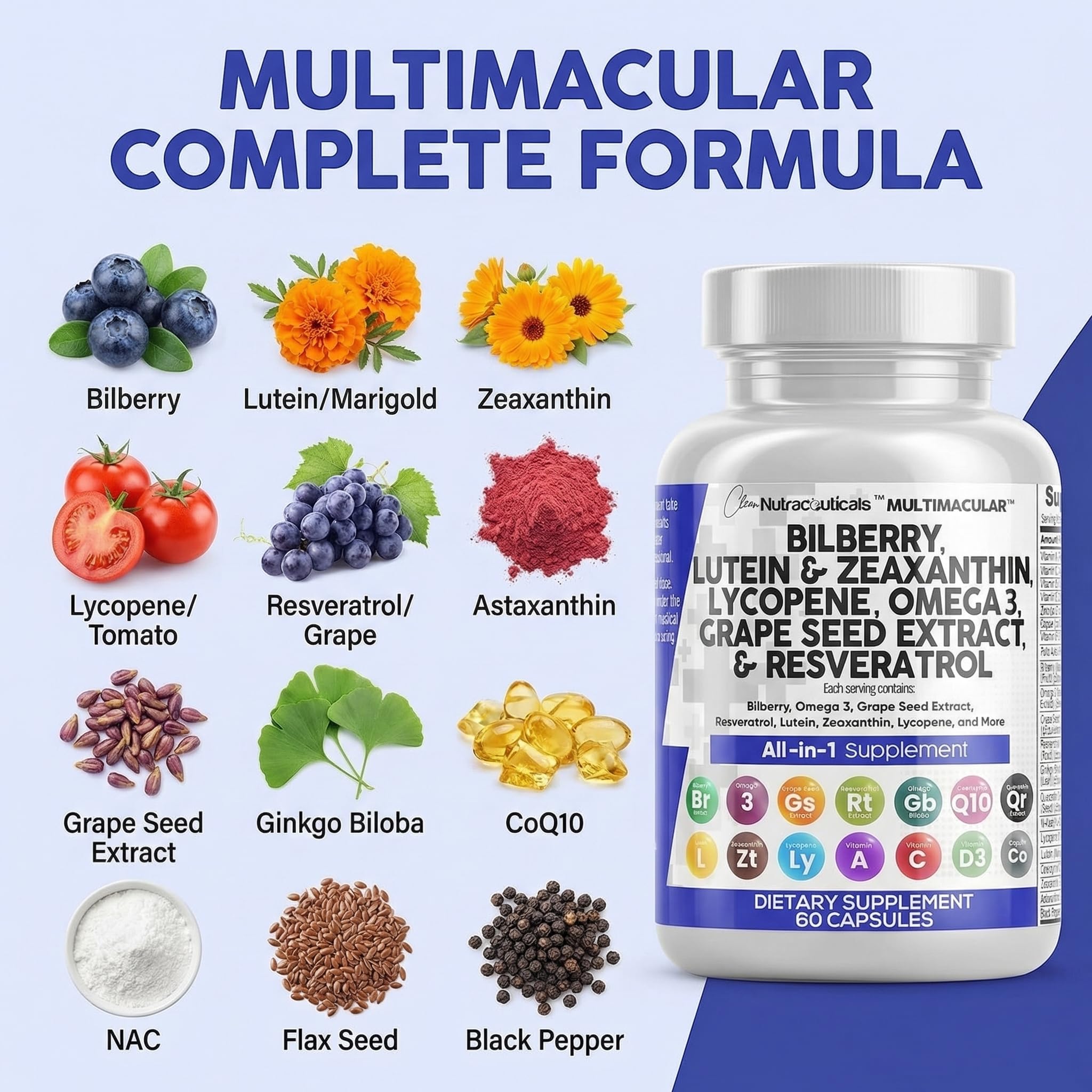 Clean Nutra Eye Vitamins with Bilberry Lutein and Zeaxanthin Supplements Lycopene 40mg Resveratrol Grape Seed Astaxanthin for Eyes - Eye Care Health Support Eye