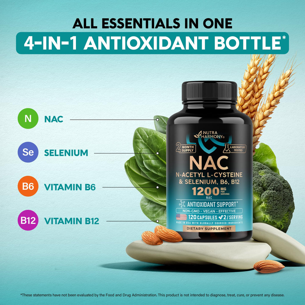 NAC Supplement | Selenium | B6 | B12 - Antioxidant, Immune Support - N Acetyl Cysteine 600 mg per Capsule, 1200 mg per Serving - Made in USA - Non-GMO, Gluten-Free