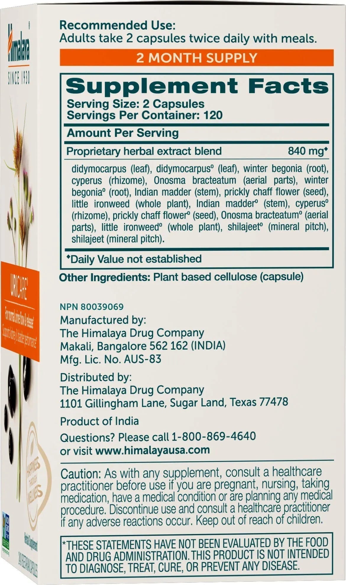 Himalaya UriCare Herbal Supplement, Kidney & Bladder Support, Urinary Tract & Urine Flow Support, Caffeine Free, Non-GMO, Gluten Free, Vegetarian, 240 Capsules, 60 Day Supply Himalaya Au supplements