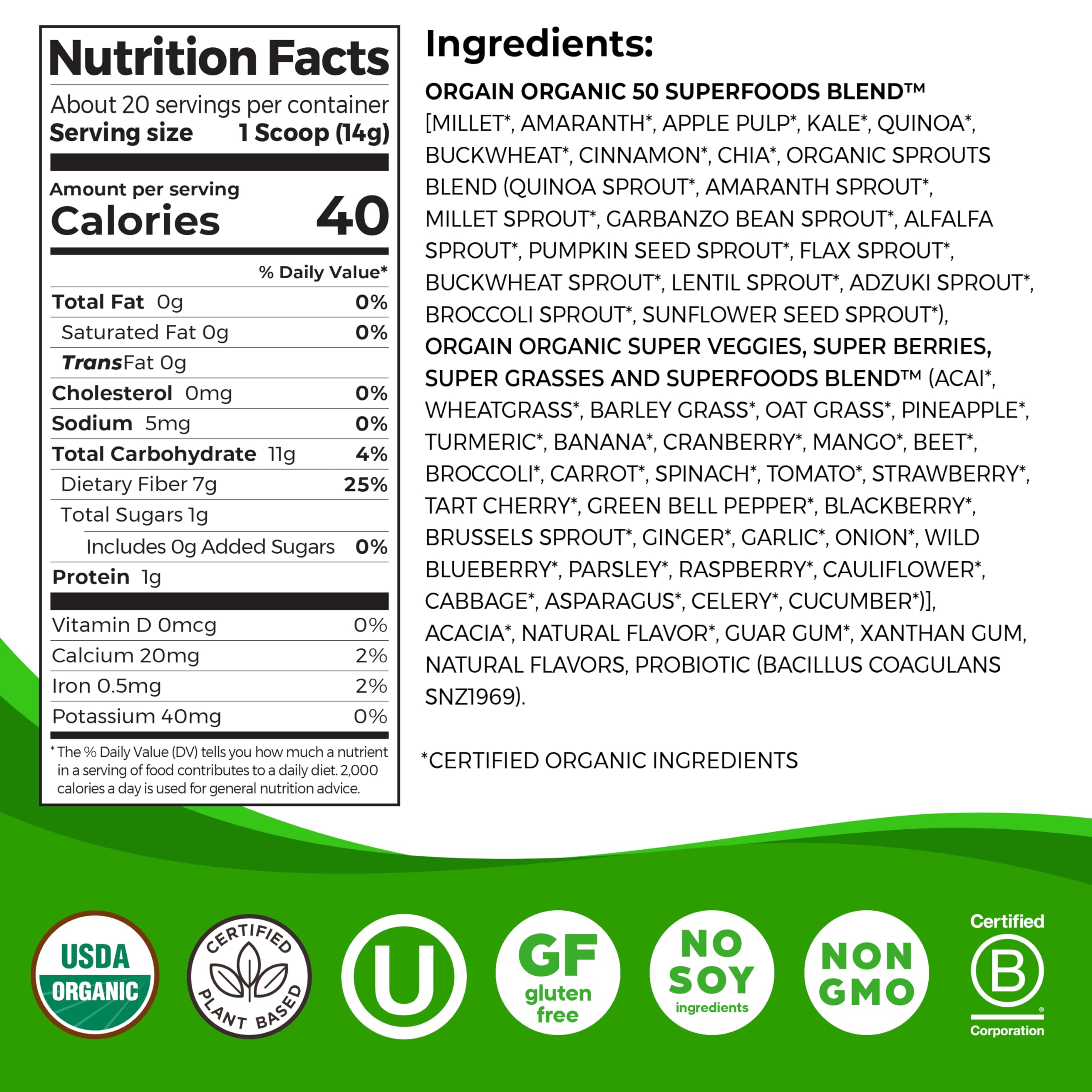 Orgain Organic Greens Powder + 50 Superfoods, Original - 1 Billion Probiotics for Digestive Health, Antioxidants, Vegan, Plant-Based, Gluten-Free, Non-GMO