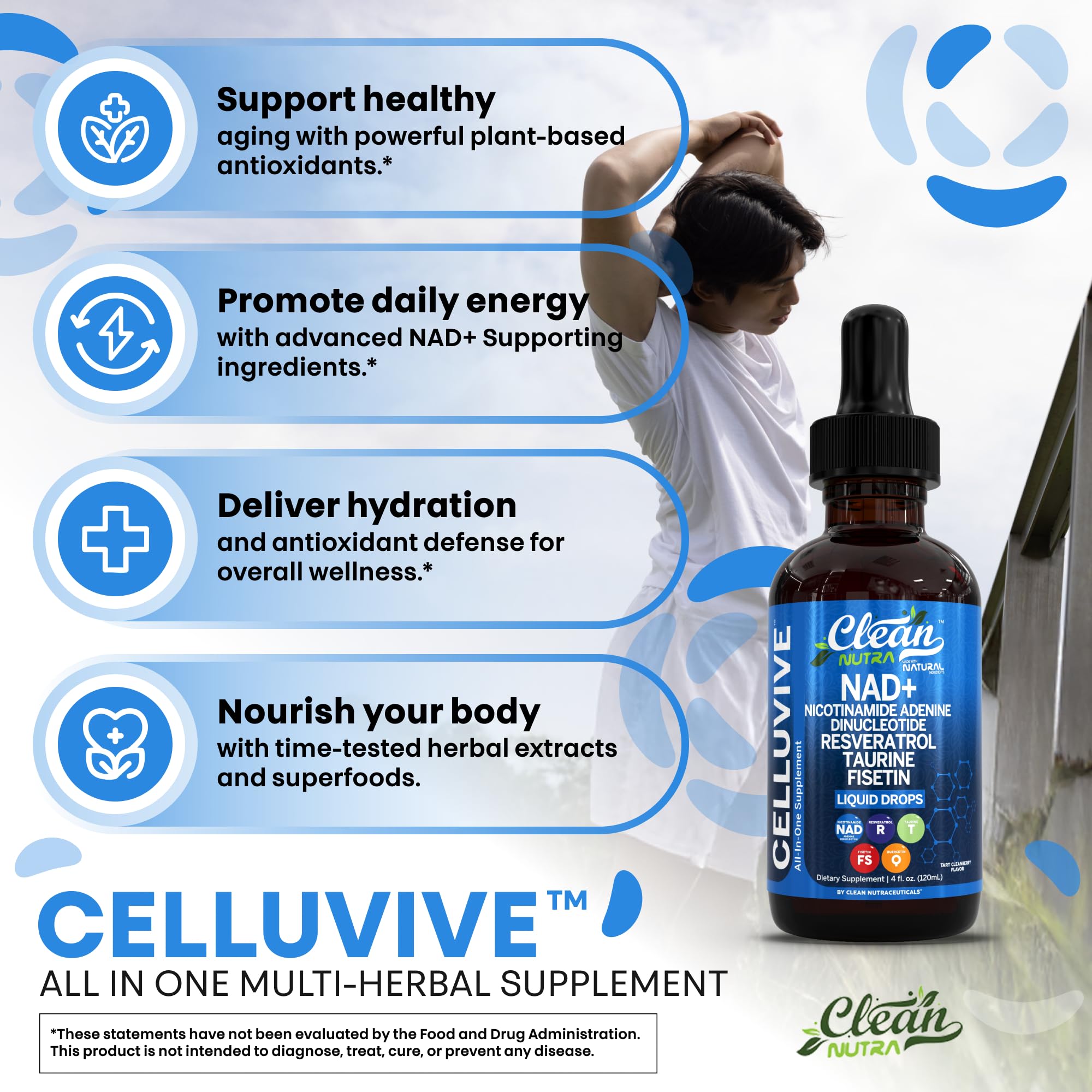 Clean Nutra NAD Liquid Supplement Drops Resveratrol Polyphenols Liposomal Taurine Fisetin Grape Seed Extract Japanese Knotweed Fo Ti Anti Aging NAD+ Nicotinamide Adenine Dinucleotide for Women & Men Clean Nutraceuticals Au supplements