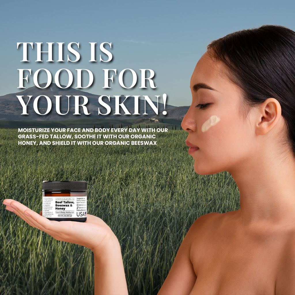Santa Cruz Paleo, Beef Tallow, Beeswax & Honey Face Moisturizer, Organic, Unscented Grassfed Beef Tallow Skin Care, Sunscreen Free