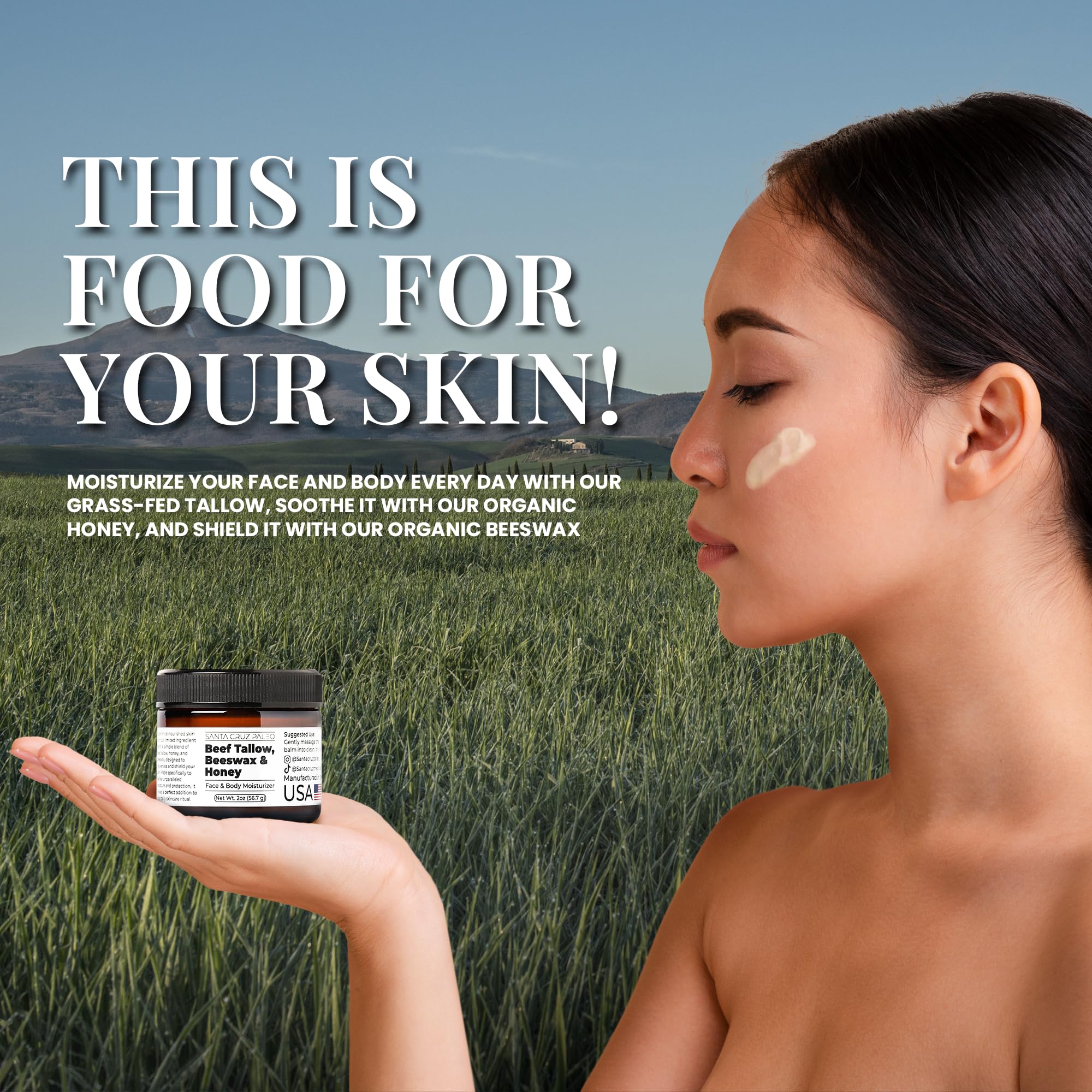 Santa Cruz Paleo, Beef Tallow, Beeswax & Honey Face Moisturizer, Organic, Unscented Grassfed Beef Tallow Skin Care, Sunscreen Free